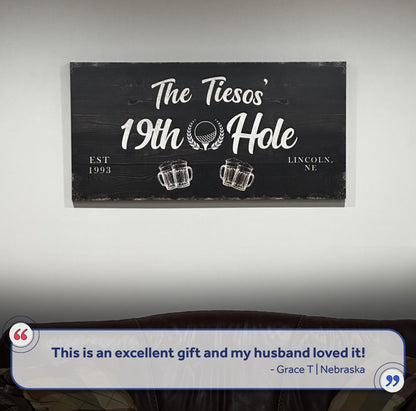 19th Hole Golf Personalized Sign II canvas by Tailored Canvases with script on black wood on Tampa Home & Garden Store