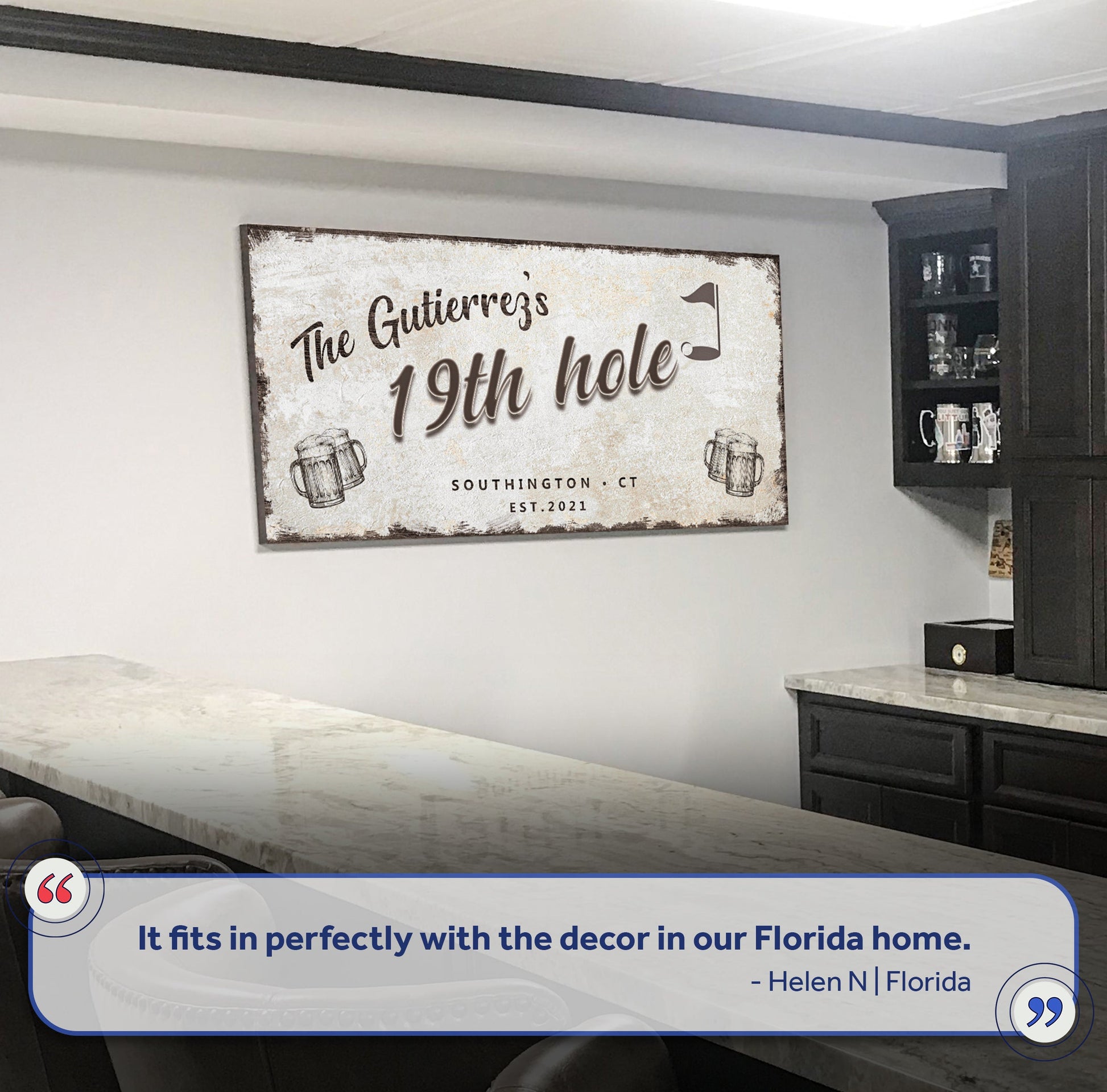 19th Hole Golf Sign III canvas by Tailored Canvases; beige with golf flag and beer mugs on Tampa Home & Garden Store