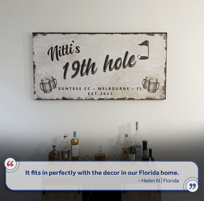 Canvas sign 19th Hole Golf Personalized Sign III by Tailored Canvases, beige bar scene on Tampa Home & Garden Store