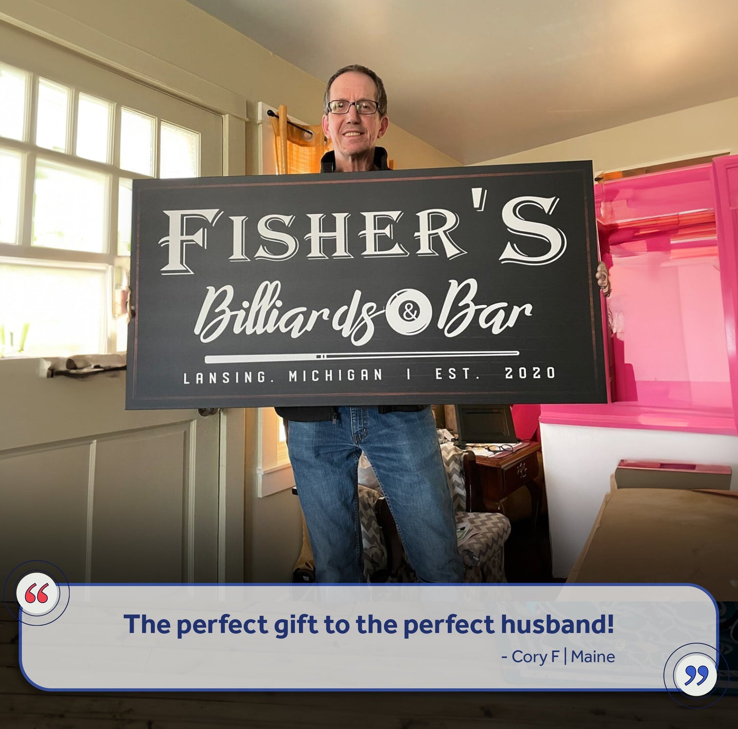 Billiards And Bar Sign II canvas; black sign with white script held by a man on Tampa Home & Garden Store
