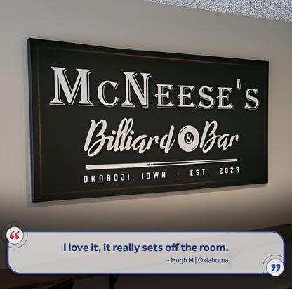 Canvas sign Billiards & Bar featuring McNeese's on black backdrop Tailored Canvases framed on Tampa Home & Garden Store