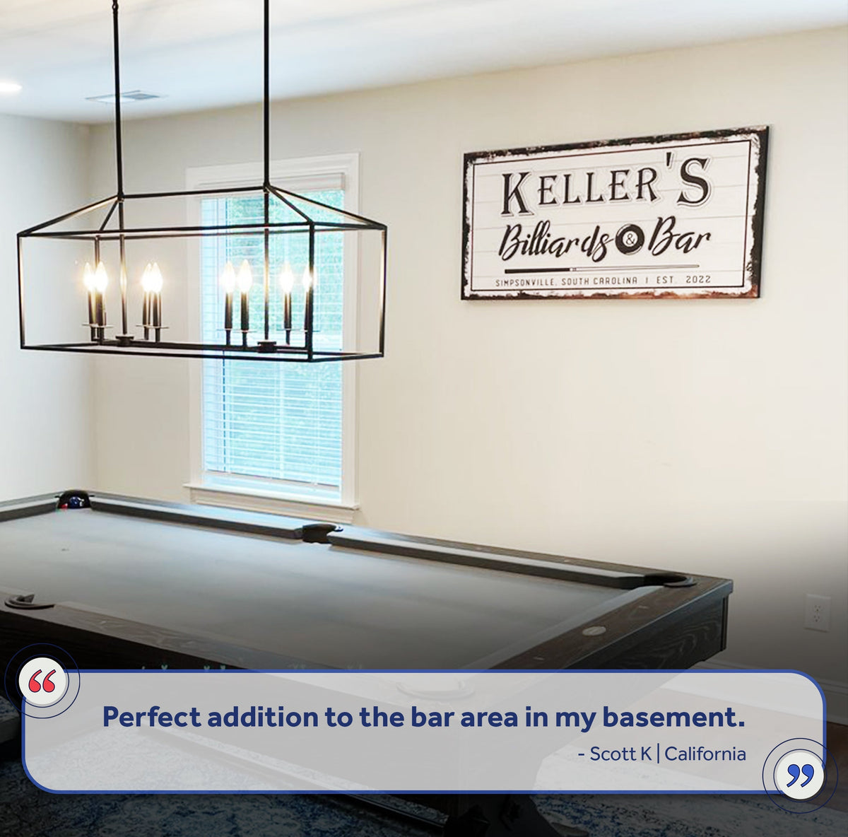 Billiards and Bar sign canvas with distressed white plaque and black frame on wall on Tampa Home & Garden Store