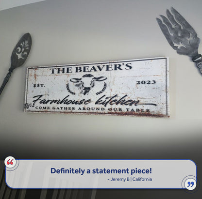 Farmhouse Kitchen Sign canvas by Tailored Canvases; white with black script and beaver motif on Tampa Home & Garden Store