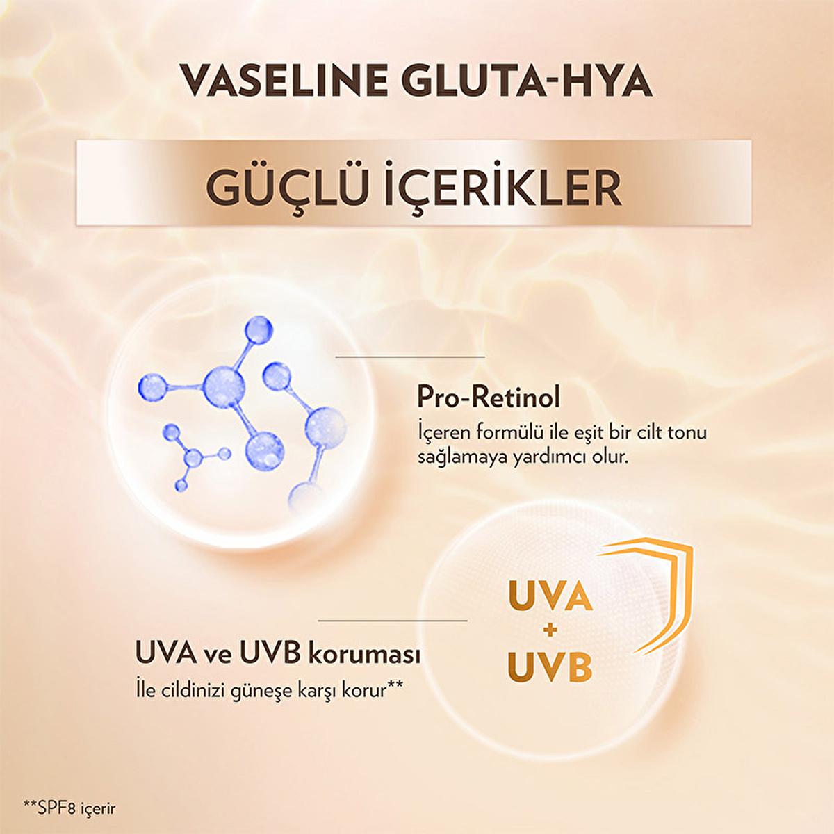Vaseline Gluta-Hya serum peach-gold packaging with Pro-Retinol icon and UVA/UVB SPF8 protection on Tampa Home & Garden Store