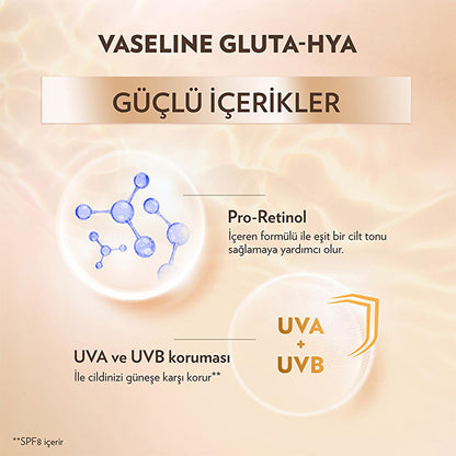 Vaseline Gluta-Hya serum peach-gold packaging with Pro-Retinol icon and UVA/UVB SPF8 protection on Tampa Home & Garden Store