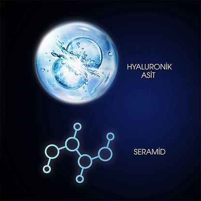 Beauty Care Bag hyaluronic acid hair serum with blue molecular graphic on blue background on Tampa Home & Garden Store