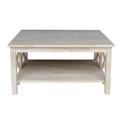 Mesa de centro cuadrada de madera maciza sin acabar con estante inferior