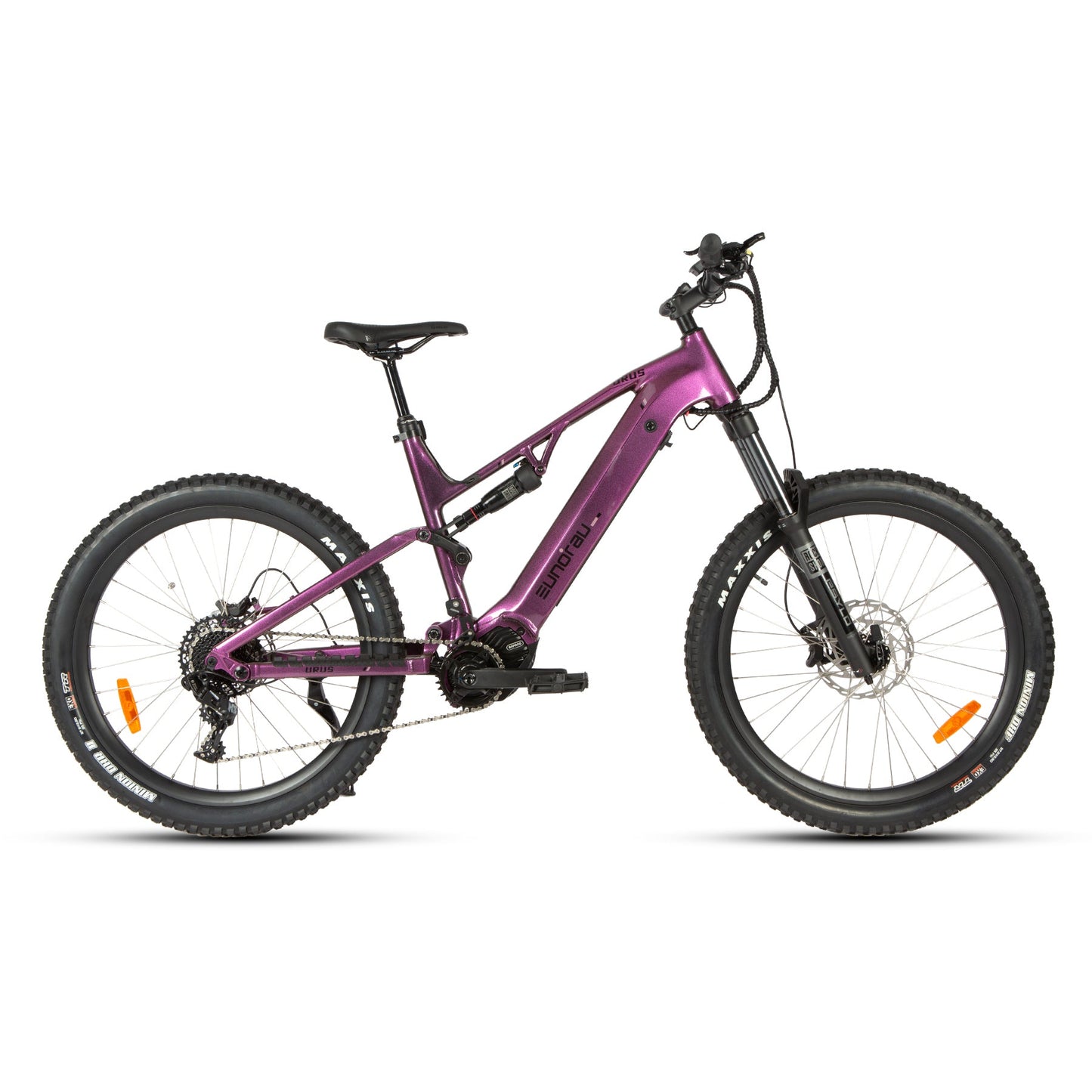 URUS 2.0 electric bicycle, purple full-suspension MTB with chunky tires by EUNORAU on Tampa Home & Garden Store