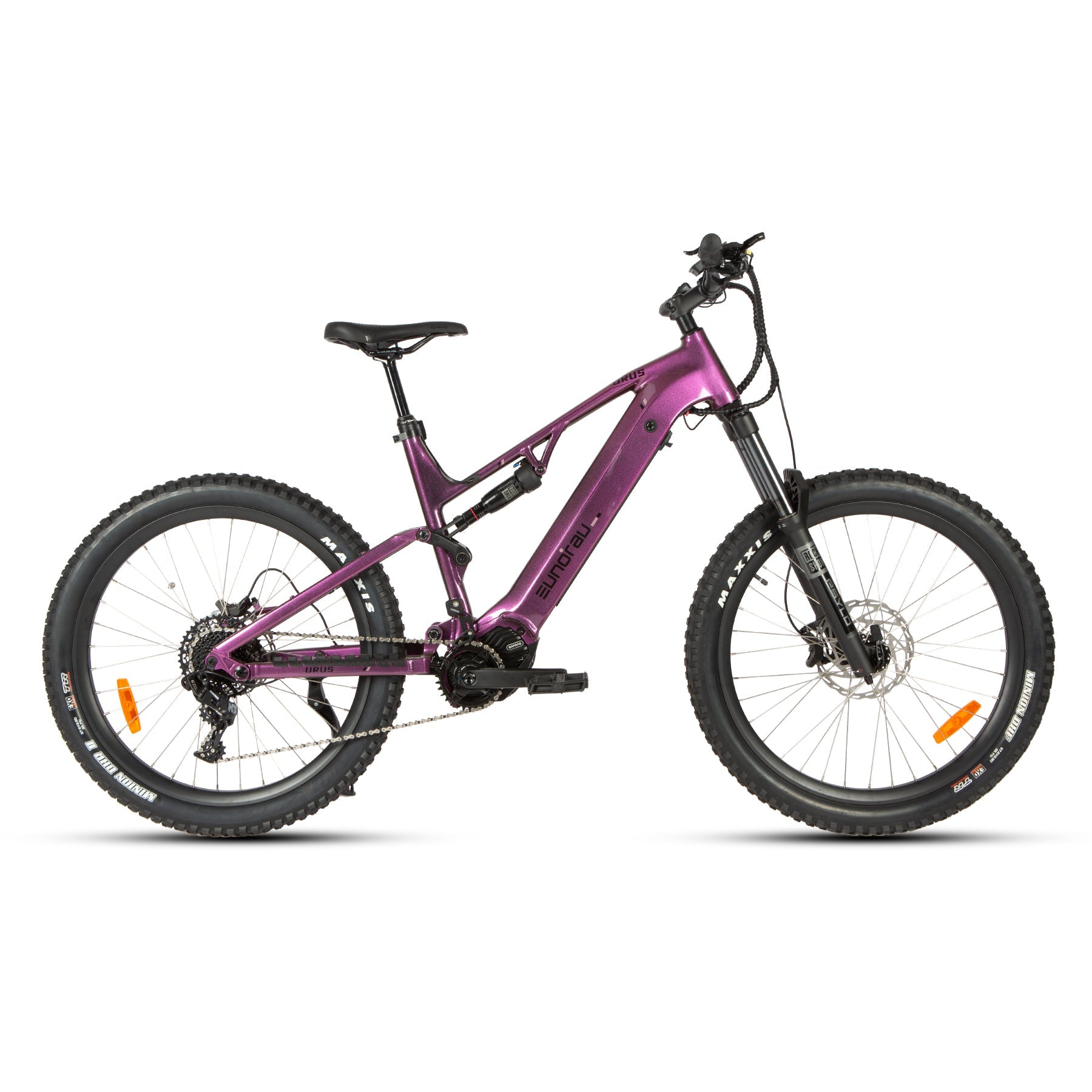 URUS 2.0 electric bicycle, purple full-suspension MTB with chunky tires by EUNORAU on Tampa Home & Garden Store