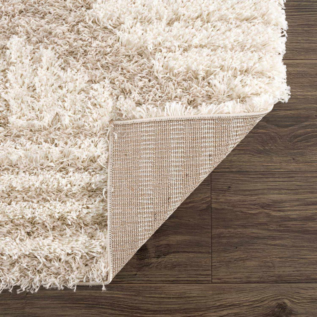 Igor Shag Area Rug by Boutique Rugs, beige plush shag on wood floor on Tampa Home & Garden Store