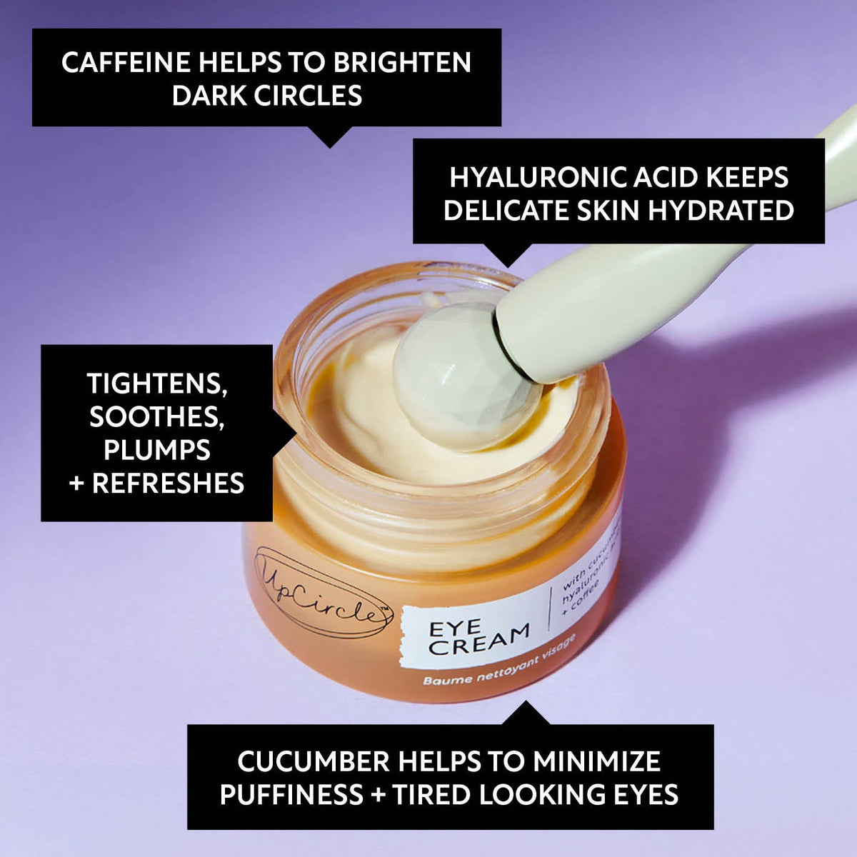 Eye Cream by UpCircle in an orange jar on purple backdrop; caffeine and hyaluronic acid on Tampa Home & Garden Store