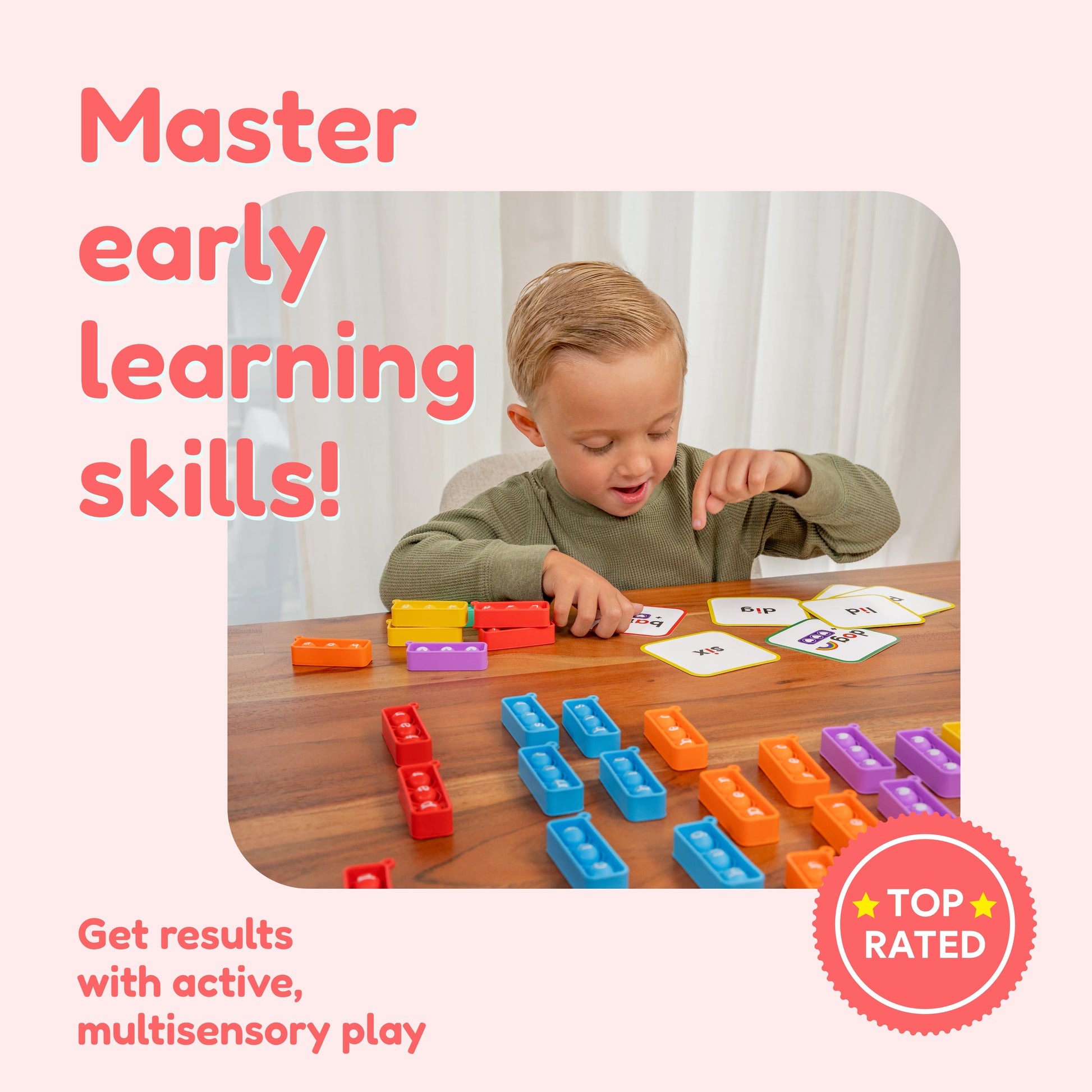 1st Grade Classroom Bundle by The Fidget Games — colorful counting blocks and literacy cards on table on Tampa Home & Garden Store