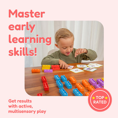 1st Grade Classroom Bundle by The Fidget Games — colorful counting blocks and literacy cards on table on Tampa Home & Garden Store