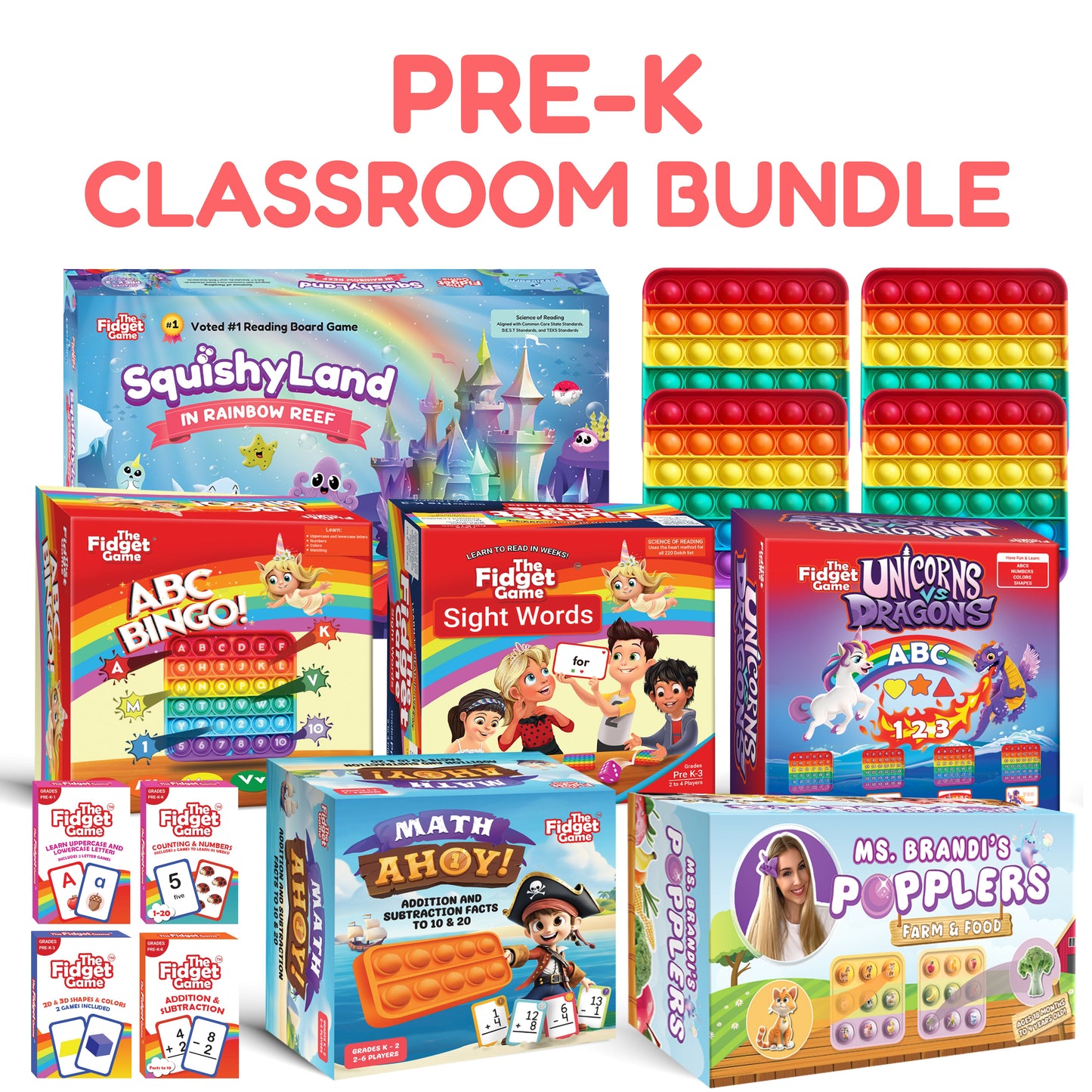 Pre-K Classroom Bundle educational toys by The Fidget Games, rainbow pop-it trays and colorful learning games on Tampa Home & Garden Store