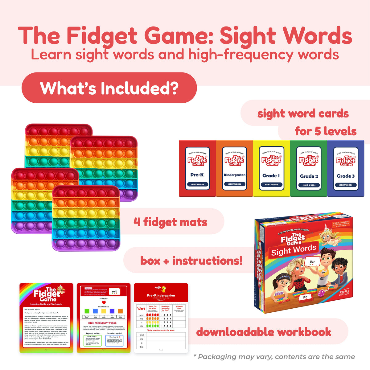 Pre-K Classroom Bundle The Fidget Games with rainbow pop-it mats and sight word cards on Tampa Home & Garden Store