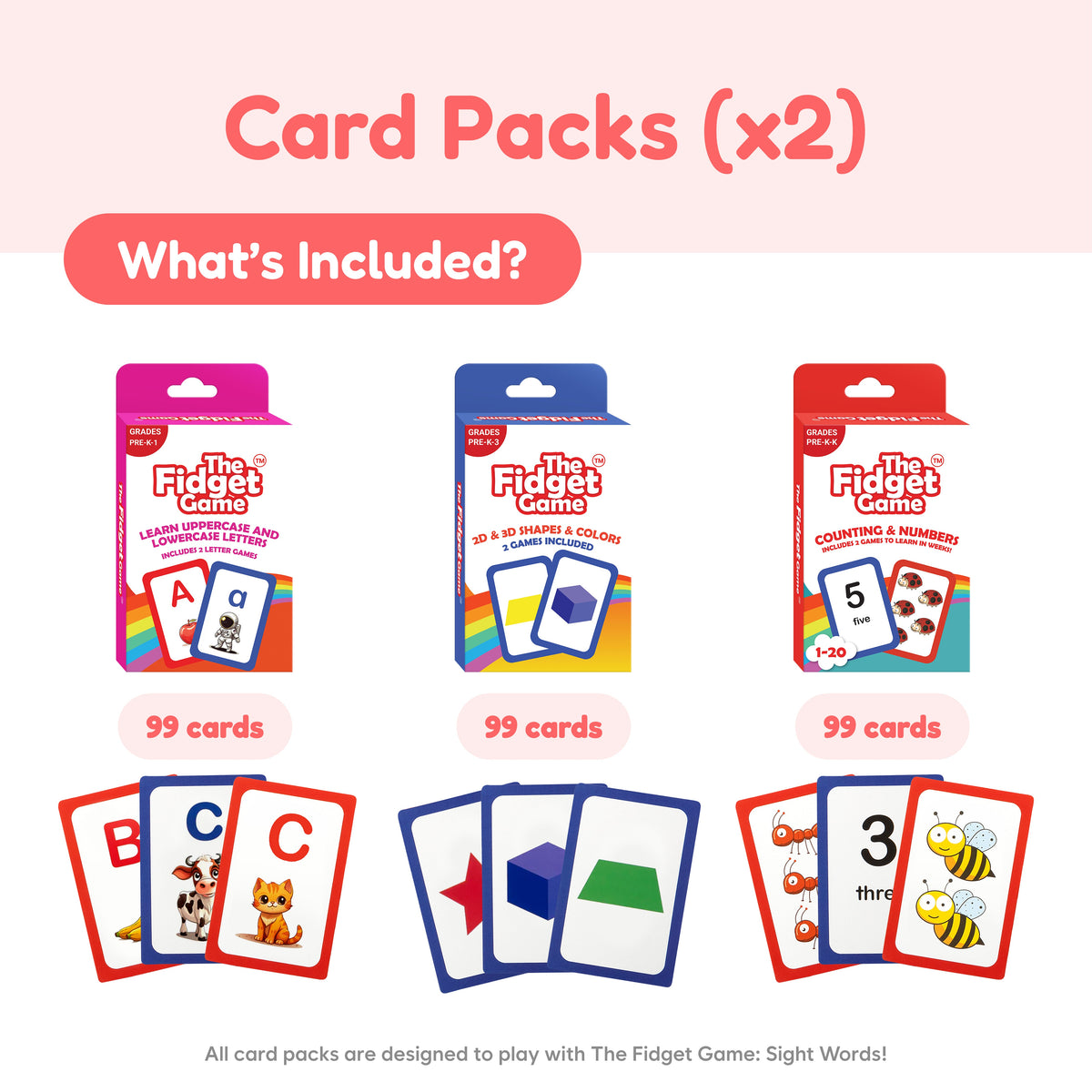 Card packs from The Fidget Games for K-5, 99 cards each, pink blue red on Tampa Home & Garden Store