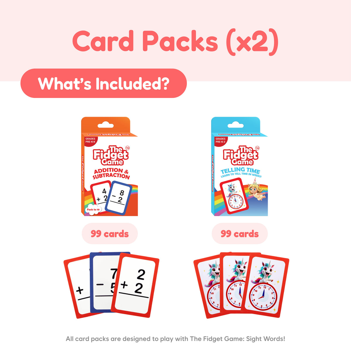 Card packs two orange and blue The Fidget Games card packs for addition and telling time on Tampa Home & Garden Store