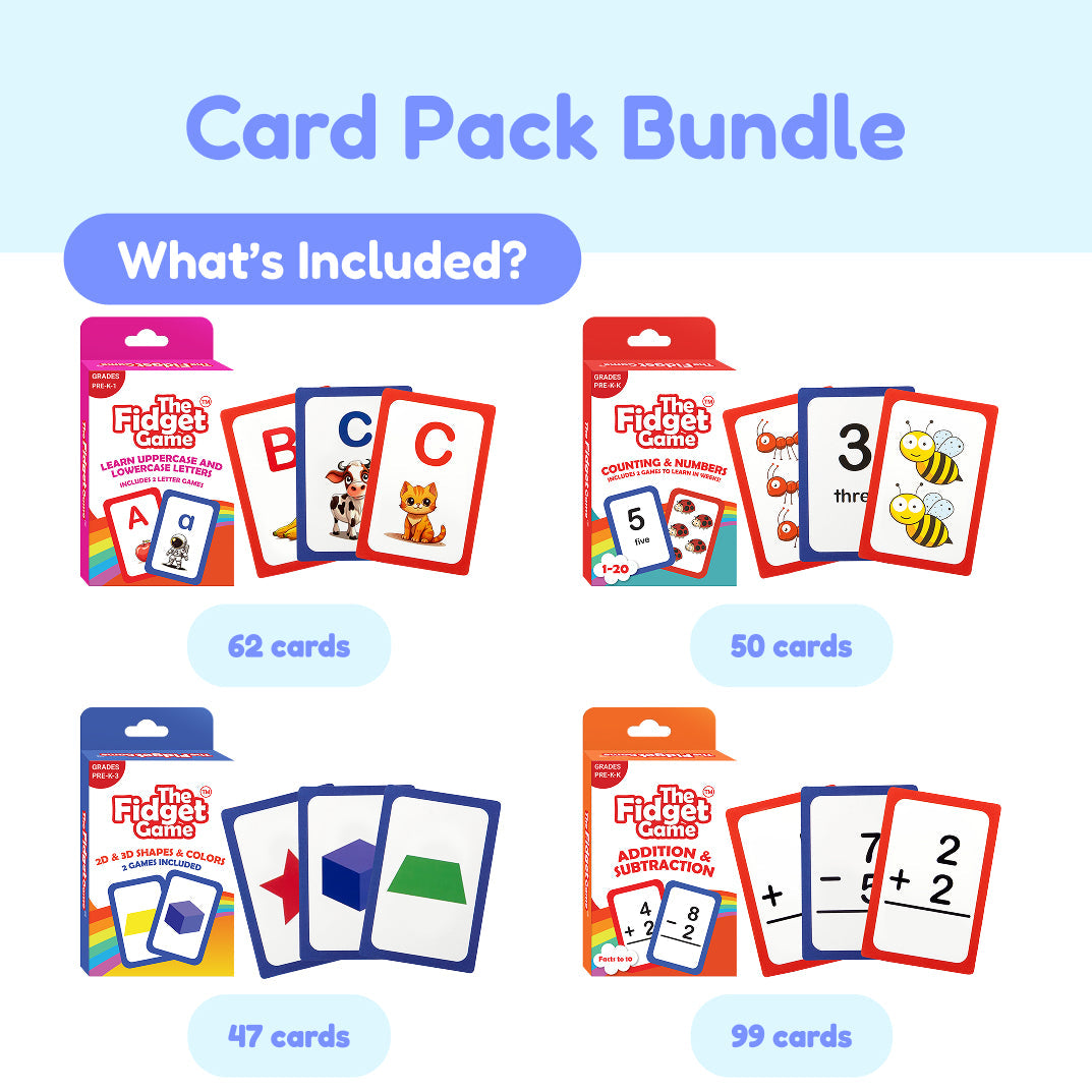 Card Pack Bundle by The Fidget Games; 62 letters, 50 numbers, 47 shapes, 99 add/sub cards on Tampa Home & Garden Store