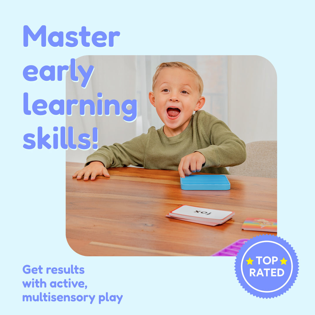 Kindergarten Shark Tank Bundle by The Fidget Games, child at table with blue tray and flashcards on Tampa Home & Garden Store