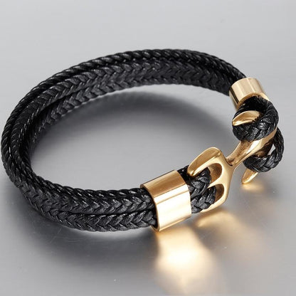 Stevvex anchor bracelet black leather braided band gold-tone clasp on Tampa Home & Garden Store