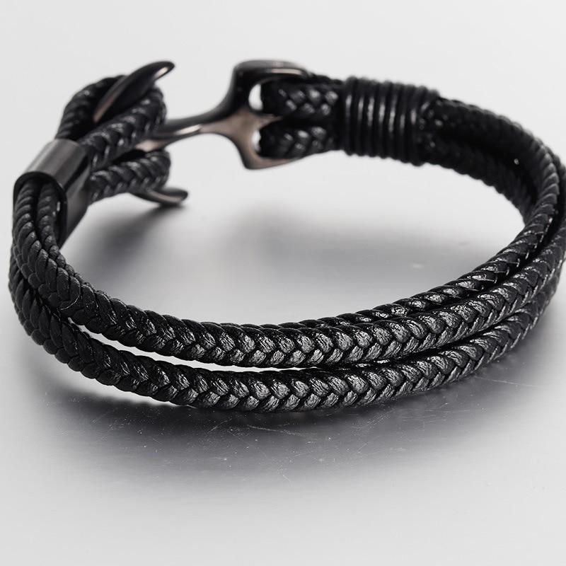 Anchor bracelet Stevvex black braided leather and titanium steel, double-wrap with anchor clasp on Tampa Home & Garden Store