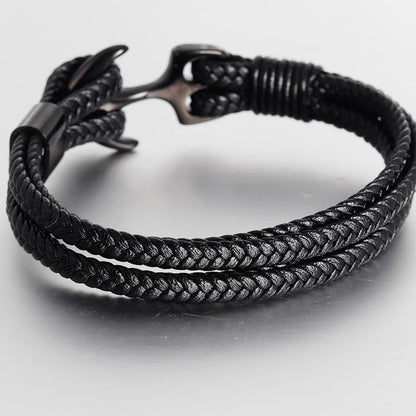 Anchor bracelet Stevvex black braided leather and titanium steel, double-wrap with anchor clasp on Tampa Home & Garden Store