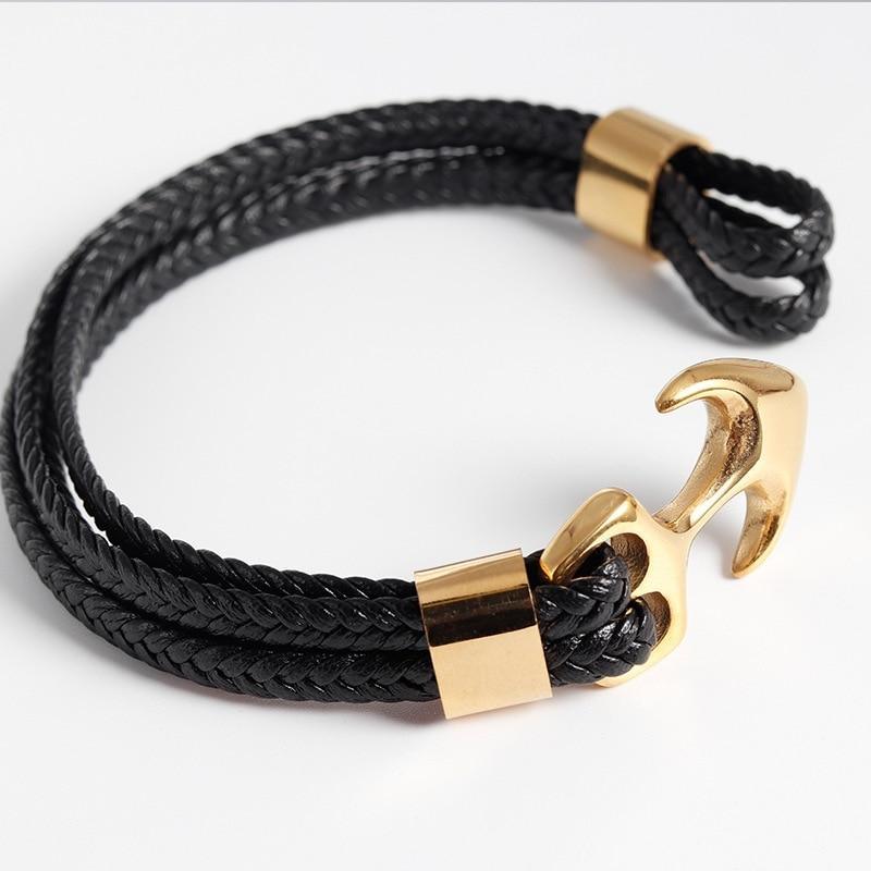 Anchor bracelet Stevvex, black double-wrap braided leather with gold-tone anchor clasp on Tampa Home & Garden Store