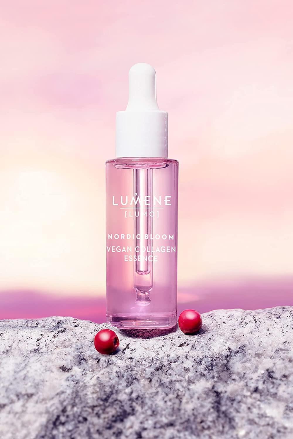 Lumene Nordic Bloom vegan collagen essence serum bottle with pink glass and white dropper on Tampa Home & Garden Store