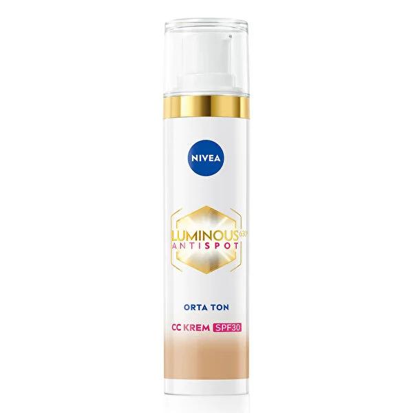 NIVEA Luminous630 CC Cream SPF30 bottle with pump, medium tone, white/gold packaging on Tampa Home & Garden Store