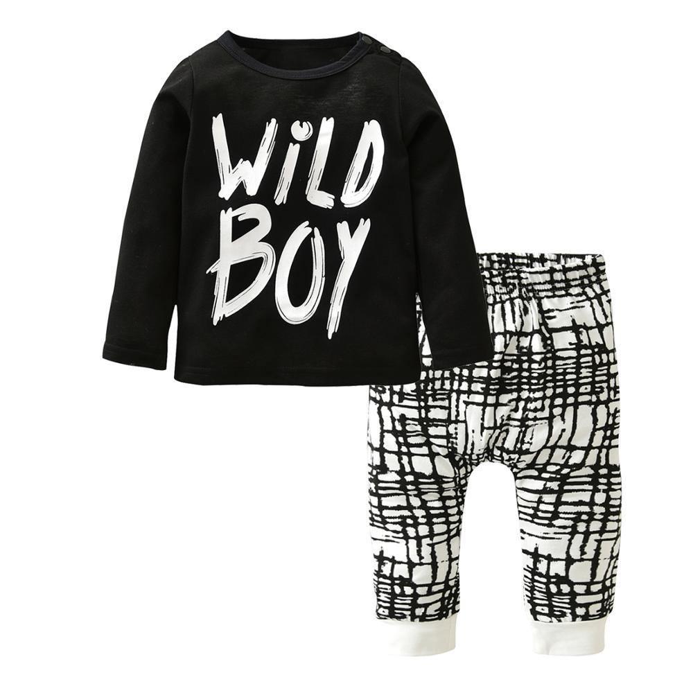 Stevvex newborn boy set: black tee with WILD BOY graphic + black-white patterned pants on Tampa Home & Garden Store
