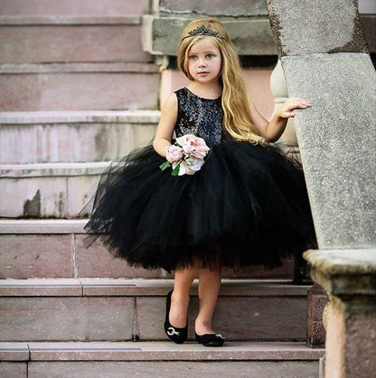 Baby girl's sleeveless sequin wedding dress in black with a fluffy tulle skirt Stevvex on Tampa Home & Garden Store