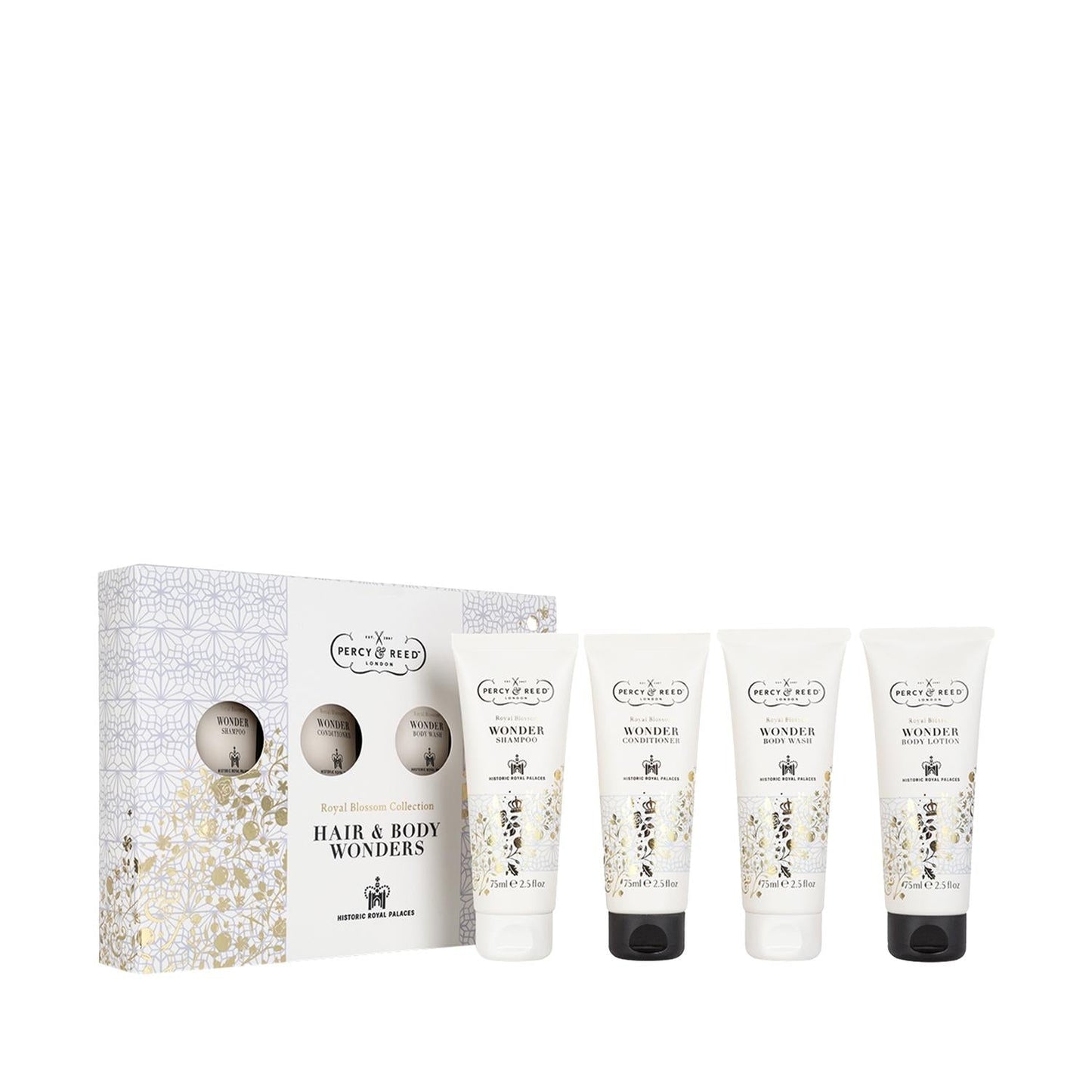 Percy & Reed Royal Blossom 5-piece hair & body set in white tubes with black caps box on Tampa Home & Garden Store