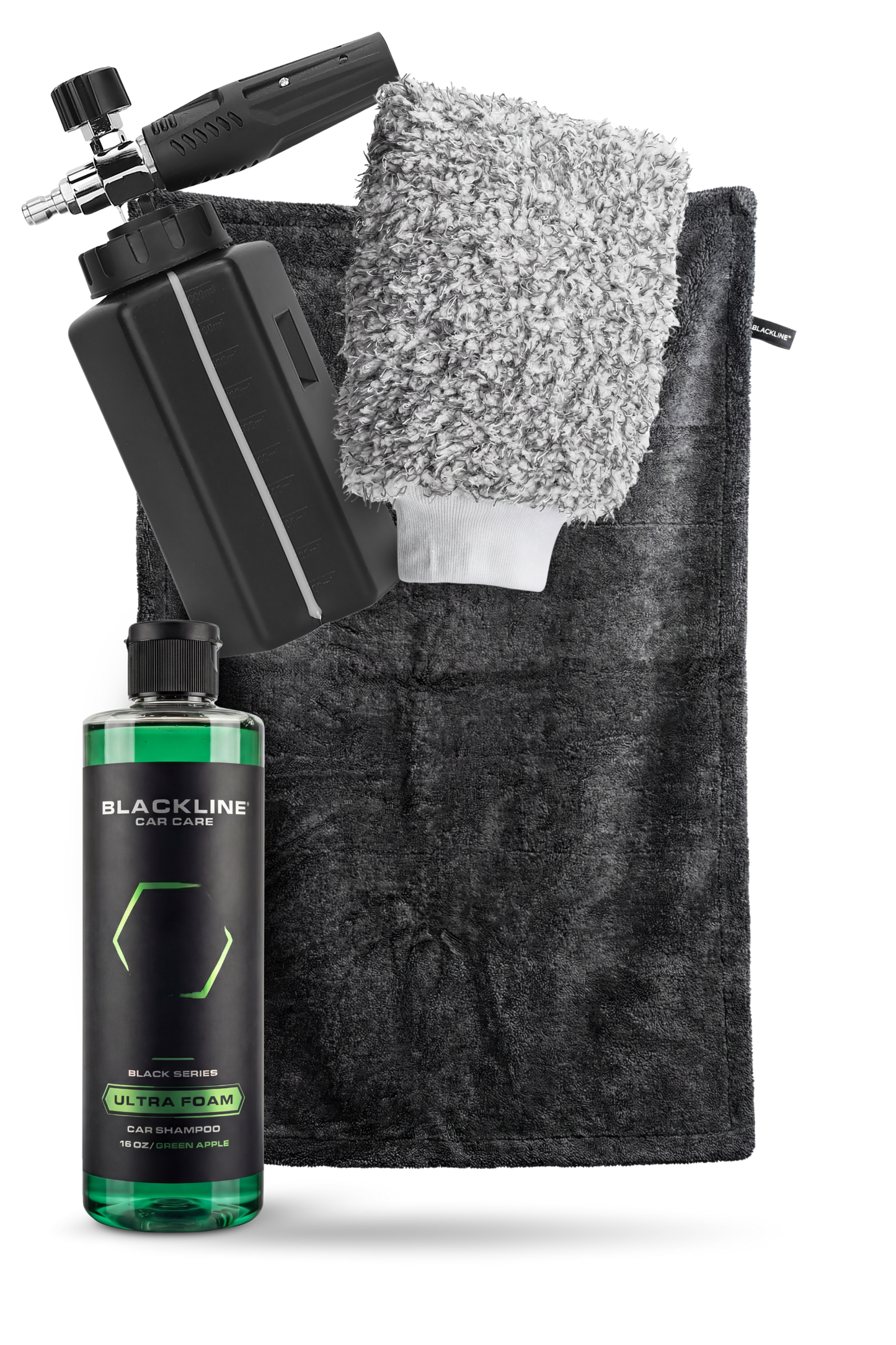 Blackline Foam Cannon Pro with green car shampoo and gray wash mitt on towel 4-item kit on Tampa Home & Garden Store