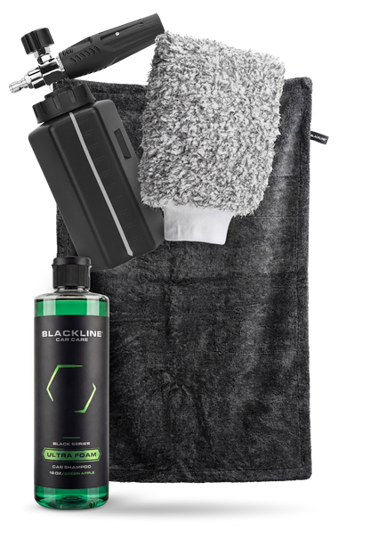 Blackline Foam Cannon Pro with green car shampoo and gray wash mitt on towel 4-item kit on Tampa Home & Garden Store
