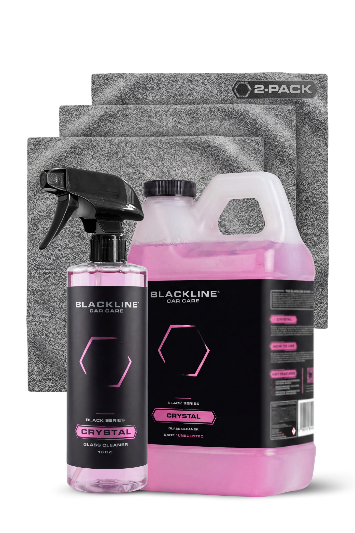 Blackline Crystal Glass Cleaner 2-pack spray bottle pink liquid microfiber towels on Tampa Home & Garden Store