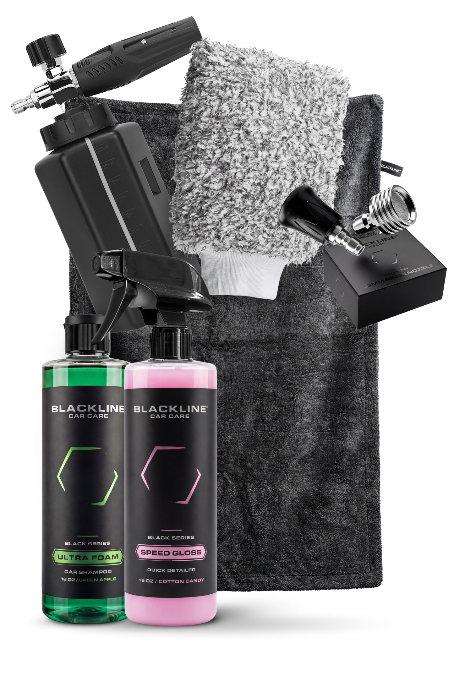 BLACKLINE Foam Cannon Pro with black spray gun and microfiber towel, plus two car wash bottles on Tampa Home & Garden Store