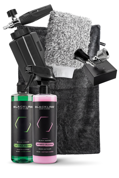 BLACKLINE Foam Cannon Pro with black spray gun and microfiber towel, plus two car wash bottles on Tampa Home & Garden Store