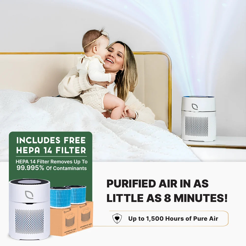 Air Sentry 300 air purifier by Emerge Survival on a nightstand beside a mother and baby on Tampa Home & Garden Store