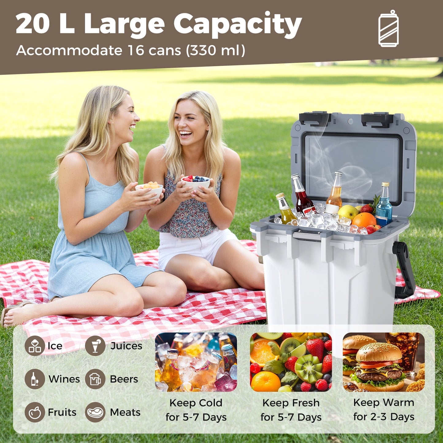 GemGear Ultra-Light 21 QT Injection Molded Cooler with ice and bottled drinks at a park picnic on Tampa Home & Garden Store