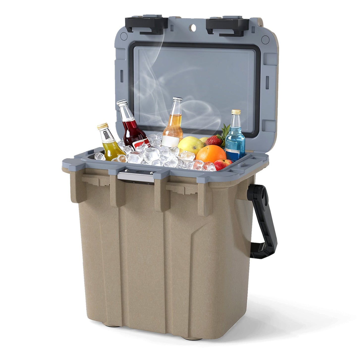 GemGear Ultra-Light 21 QT Injection Molded Cooler with gray lid, tan base, ice and bottles on Tampa Home & Garden Store