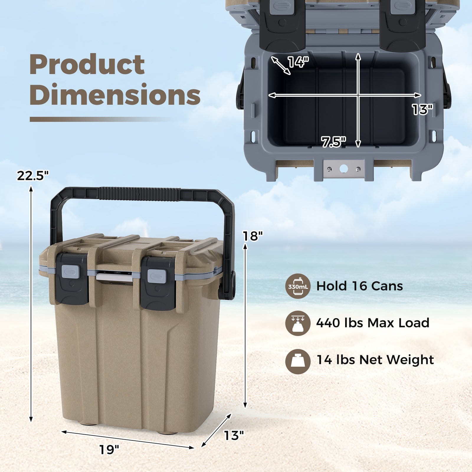 GemGear Ultra-Light Injection Molded Cooler 21 Qt tan body with black carry handle on Tampa Home & Garden Store