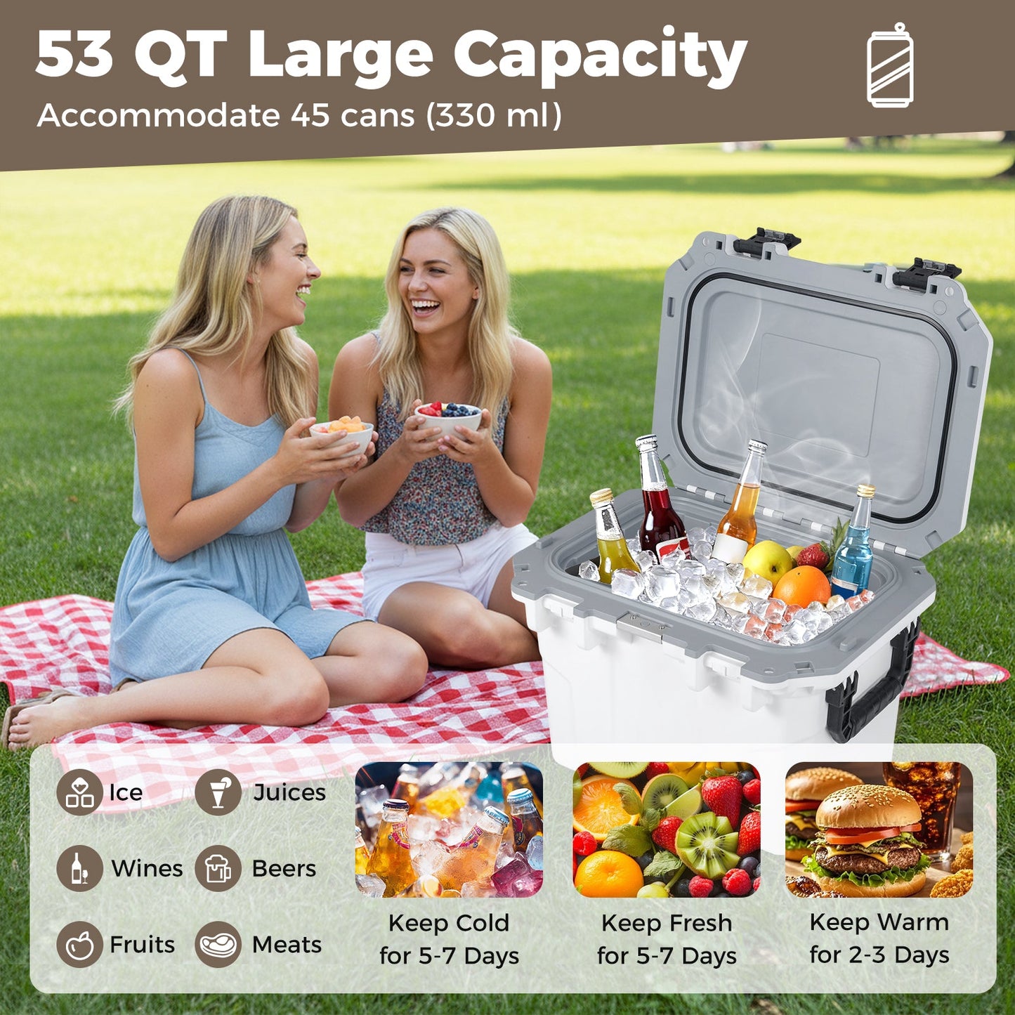 GemGear 53 QT Ultra-Light Injection Molded Cooler gray hard ice chest with beverages on a grassy picnic on Tampa Home & Garden Store