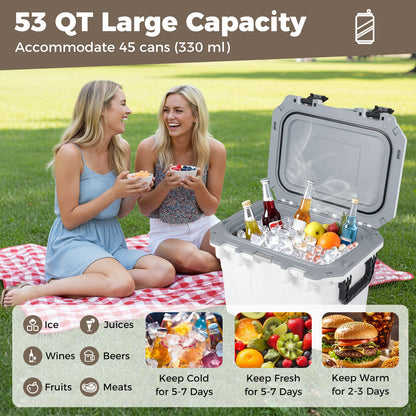GemGear 53 QT Ultra-Light Injection Molded Cooler gray hard ice chest with beverages on a grassy picnic on Tampa Home & Garden Store