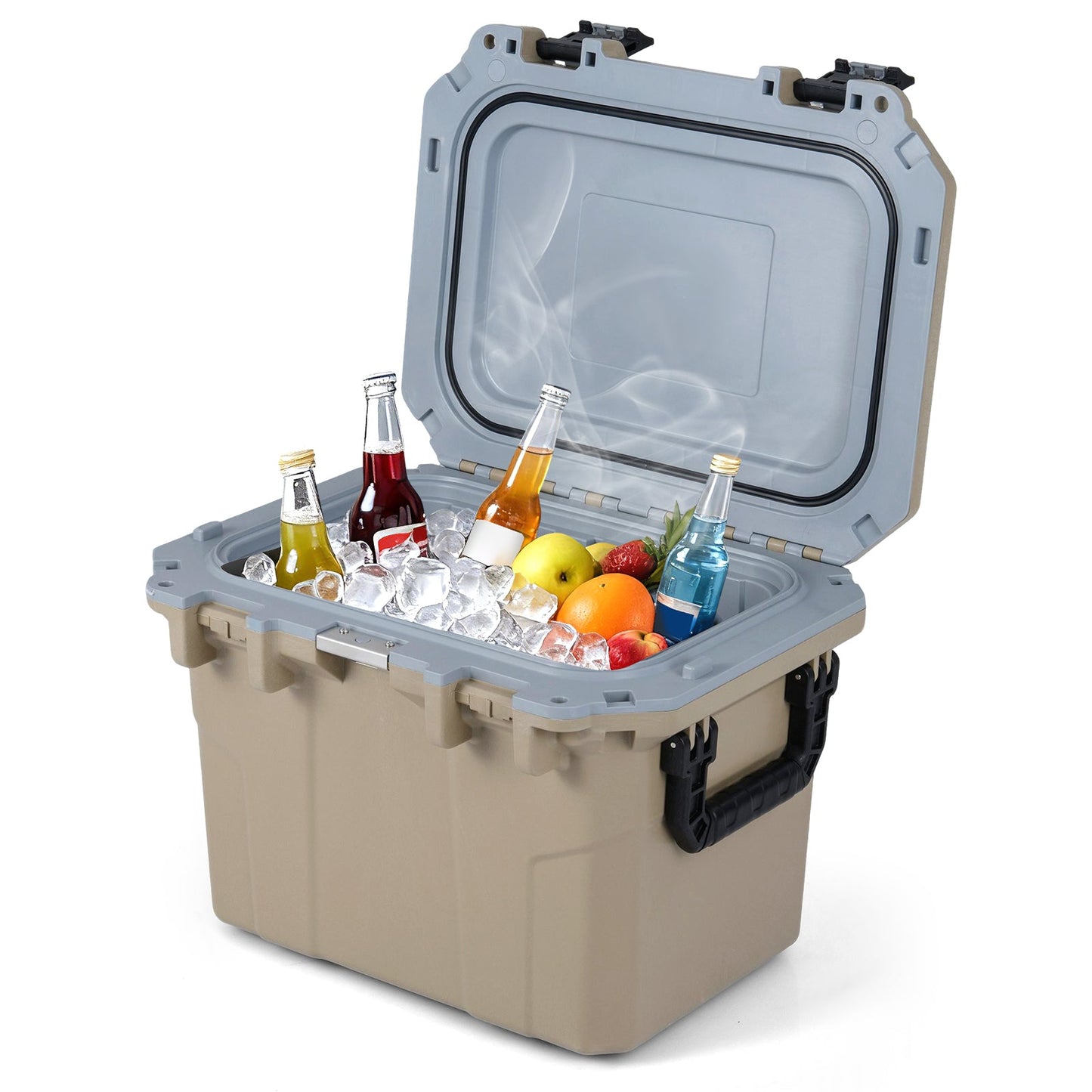 GemGear 53 QT Ultra-Light Injection Molded Cooler, tan body with gray lid, ice and drinks on Tampa Home & Garden Store