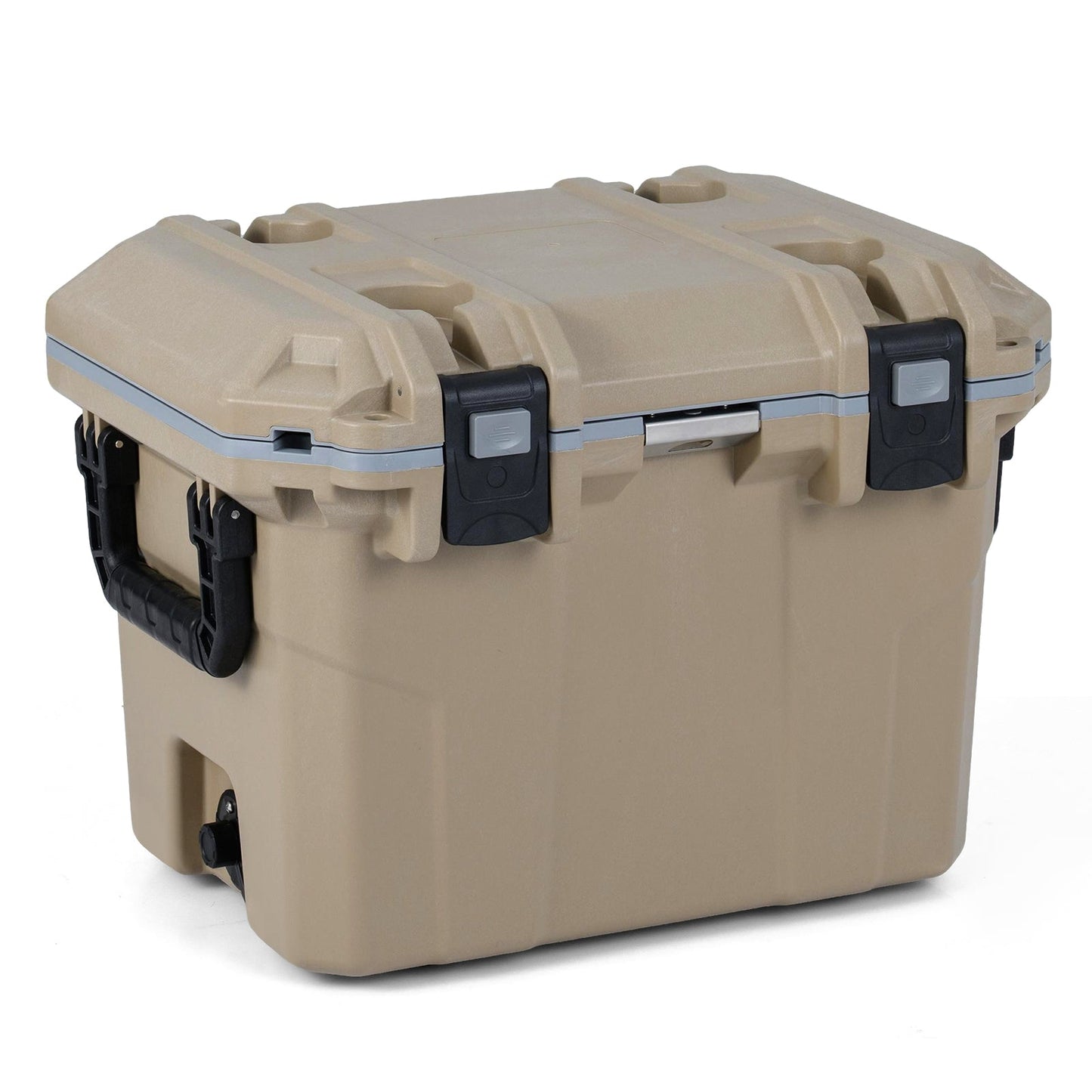 GemGear Ultra-Light 53 QT Injection-Molded Cooler tan with black latches and side handle on Tampa Home & Garden Store