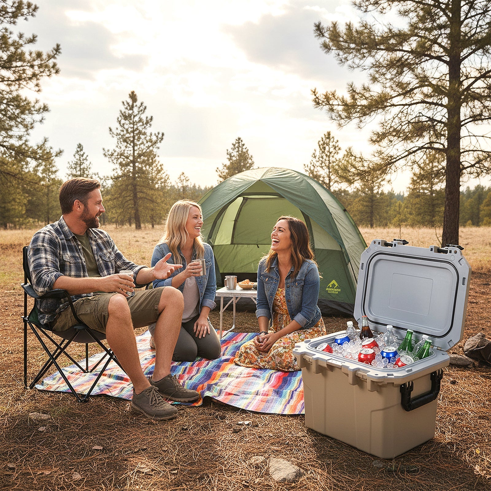GemGear Ultra-Light 53 QT cooler, beige injection-molded hard ice chest in an outdoor camping scene on Tampa Home & Garden Store