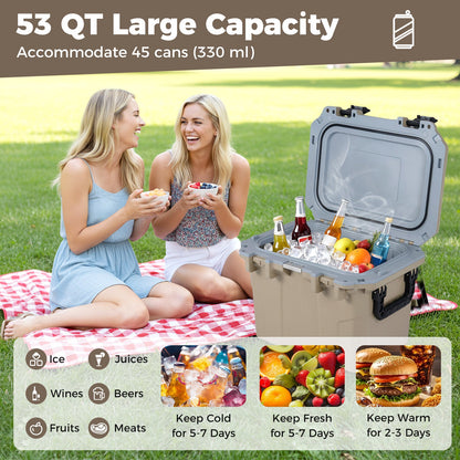 GemGear 53 QT Ultra-Light Injection Molded Cooler gray with open lid and beverages at a picnic on Tampa Home & Garden Store
