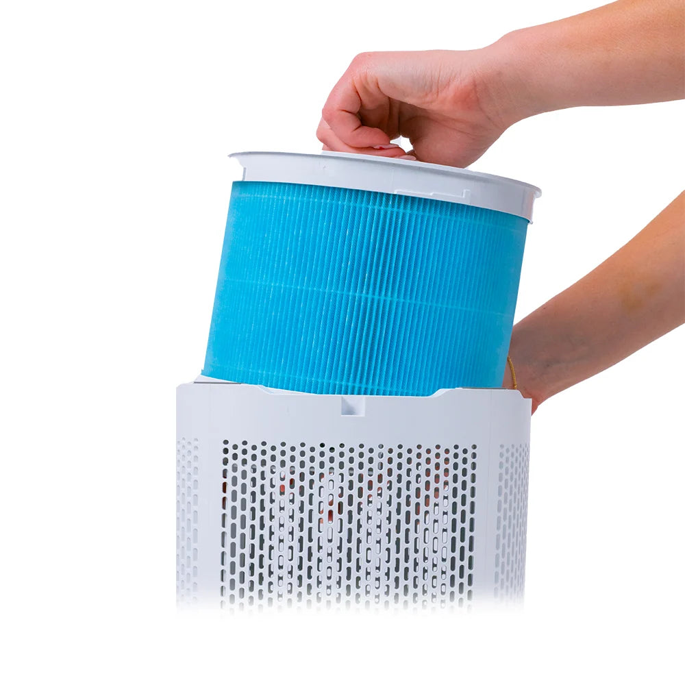 Air Sentry 300 air purifier with blue cylindrical filter in white housing by Emerge Survival on Tampa Home & Garden Store