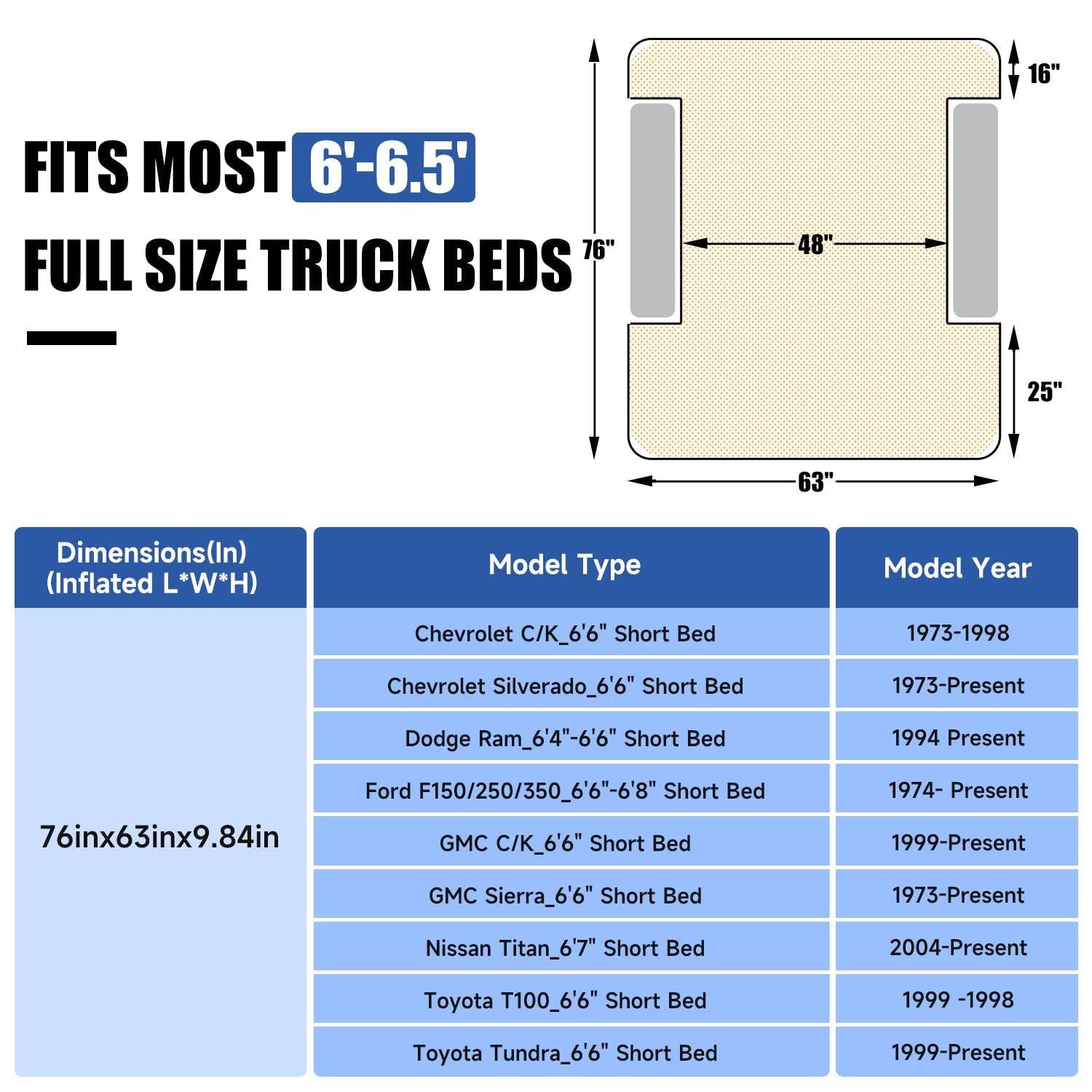5.5-6.5ft Full Size Truck Bed Air Mattress diagram; inflated 76x63 in, fits most 6'-6.5' full-size truck beds on Tampa Home & Garden Store