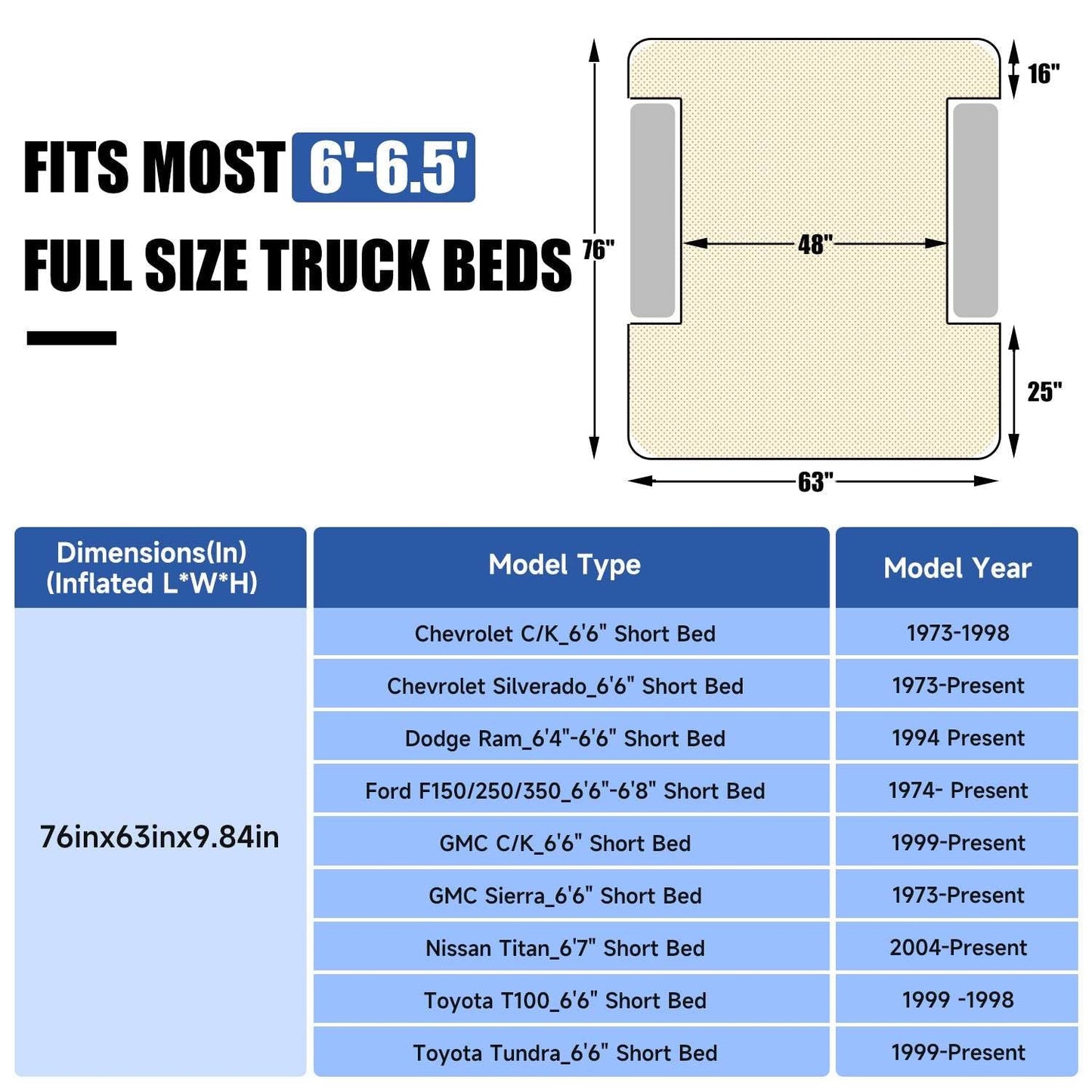 Dikasun Outdoor 6.0-6.5 ft full-size truck bed air mattress in grey, fits 6'-6.5' beds on Tampa Home & Garden Store